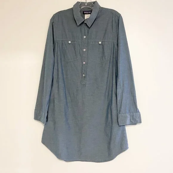 Patagonia Chambray Shirt Dress Long Sleeve Sz 10 - Picture 2 of 6